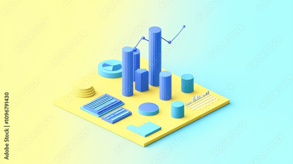 Aufkleber 3D illustration of various data visualization elements on a colorful background.