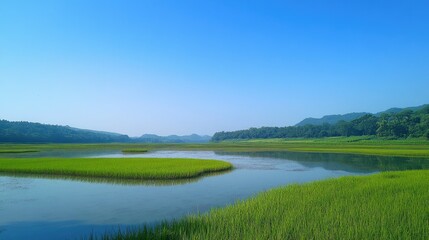 Vast green rice paddies stretching into the distance, with calm water reflecting the clear sky, creating a serene and tranquil landscape.