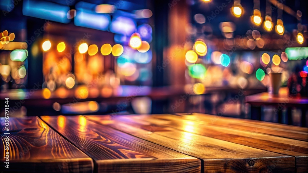 Aufkleber Empty wooden table with a warm glow in a dimly lit bar setting