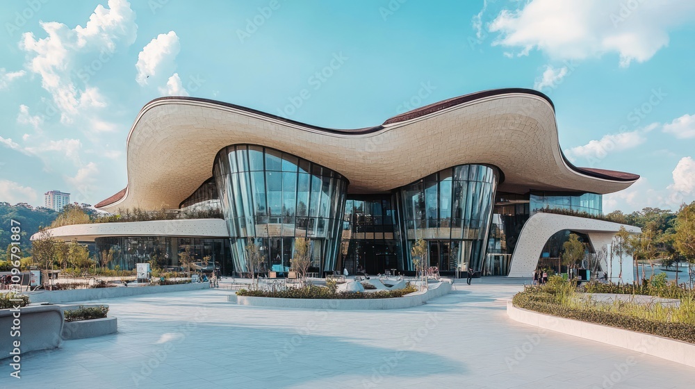 Poster modern architectural building with a flowing design and large glass windows.
