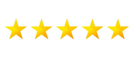 Five stars customer product review icon set. Five stars rating. Yellow 5 star flat icon for apps and websites. Quality, customer rating, feedback. Transparent png and vector illustration.