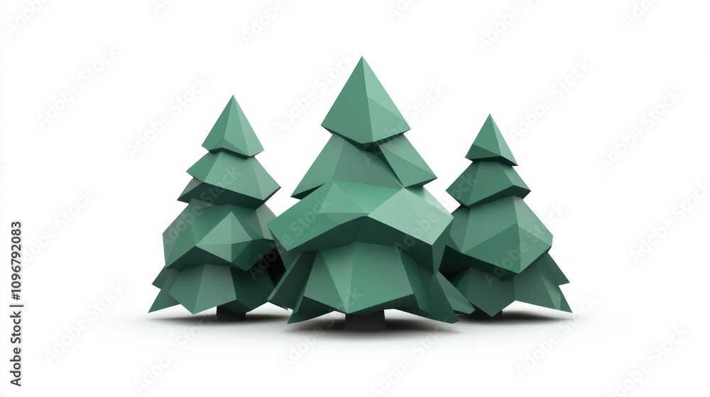 Poster a stylized representation of three geometric pine trees in a minimalist design.