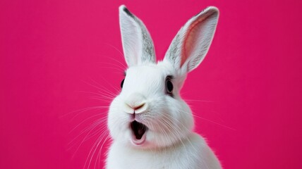 Obraz premium Surprised White Rabbit on Pink Background