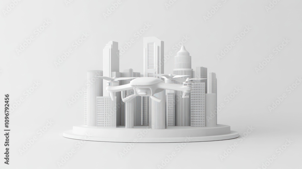 Poster a white drone hovering above a minimalist cityscape model.