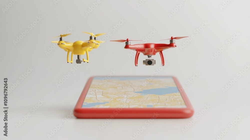 Aufkleber Two drones hover above a tablet displaying a map, indicating navigation or aerial exploration.