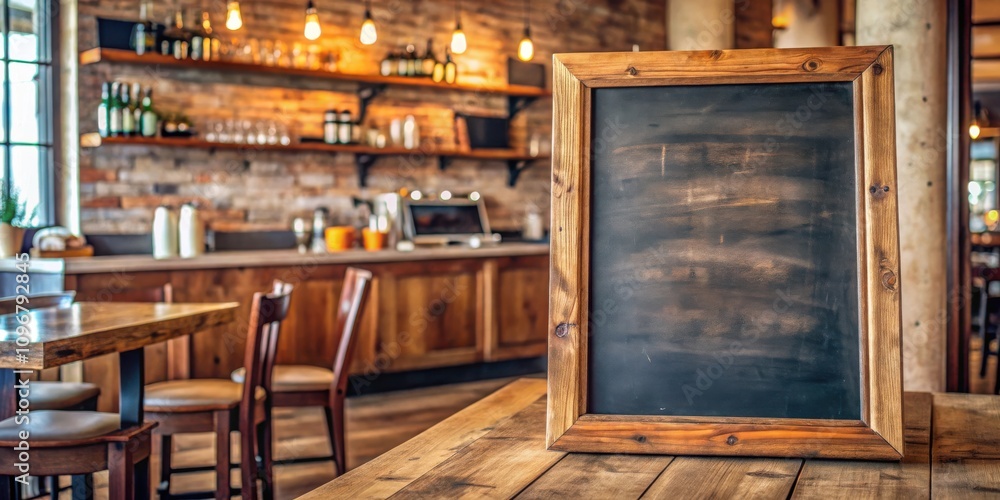 Aufkleber rustic wooden framed chalkboard on a table in a cafe with wood paneling and a blurred background of 