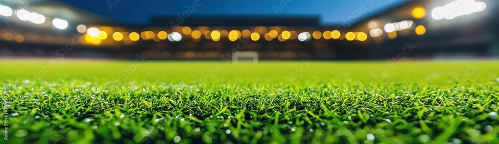 Poster a close-up view of a well-maintained soccer field at dusk, ready for a match.