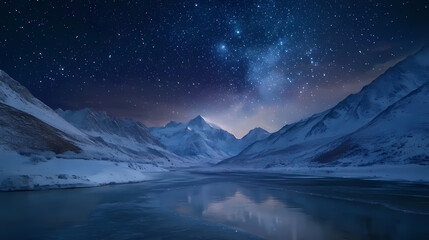 Majestic mountain landscape under a starlit night sky, with a tranquil river flowing through the snow-capped peaks and valleys. Frozen Starlit Night. Illustration