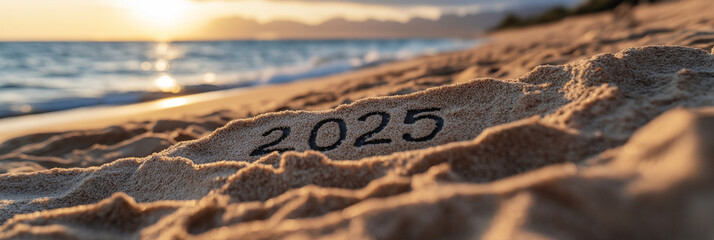 This image captures a peaceful beach scene with the year 2025 inscribed in the sand, a serene sunset painting the sky, offering a sense of hope and new beginnings.