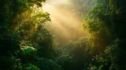 Fototapeta premium A lush green landscape with vibrant trees and dense foliage, bathed in soft sunlight, perfect for a World Environment Day banner. 