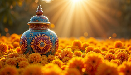 Intricately Painted Indian Funeral Urn with Marigold Flowers