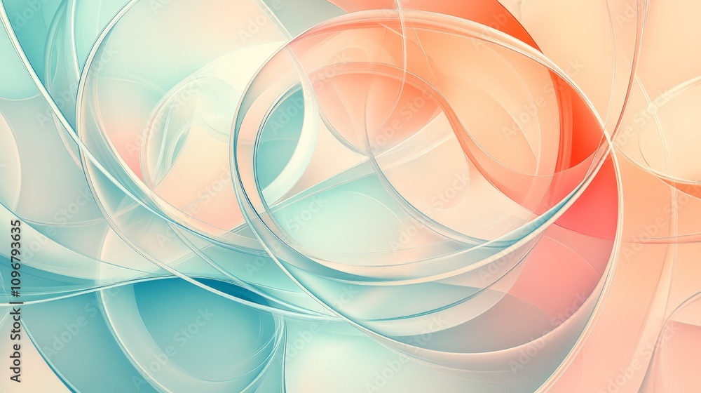 Poster abstract digital art featuring smooth, flowing curves in soft pastel colors, creating a visually soo