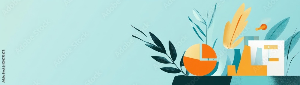 Aufkleber abstract illustration featuring geometric shapes and plant elements in a vibrant color palette.