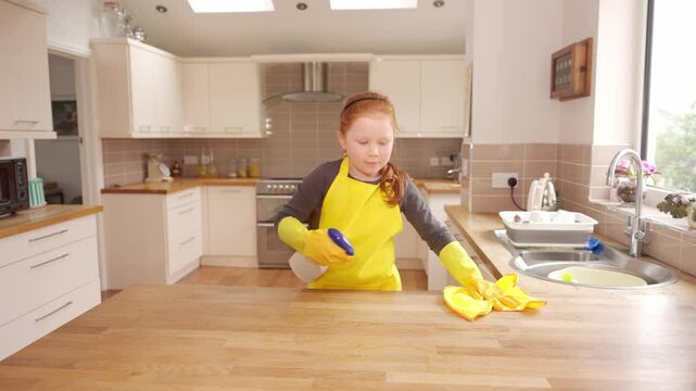 Young girl cleans kitchen countertop while wearing gloves and yellow apron