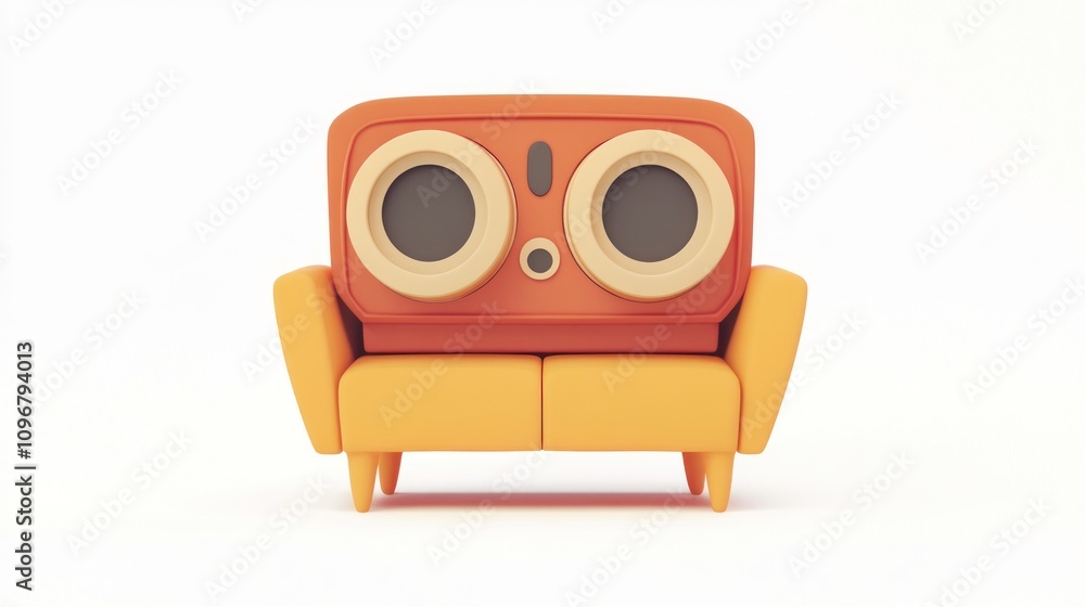Poster a whimsical sofa designed to resemble a retro television with large circular speakers.