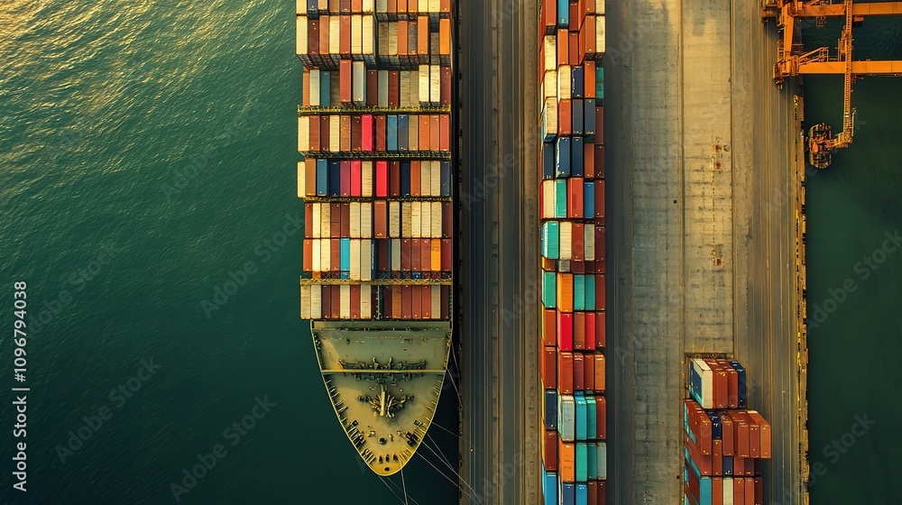 Poster aerial view of massive container ship docked at a vibrant port with colorful shipping containers and