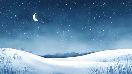 Naklejka premium A cold winter night with snow-covered fields under a clear, starlit sky, the moon casting a gentle glow over the serene landscape. Frozen Starlit Night. Illustration