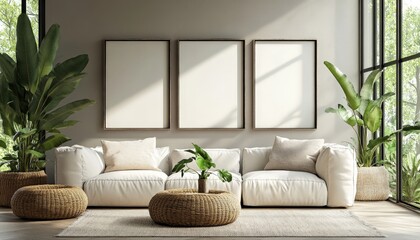 Naklejka premium Cozy modern living room featuring white furniture and vibrant green plants Mockup
