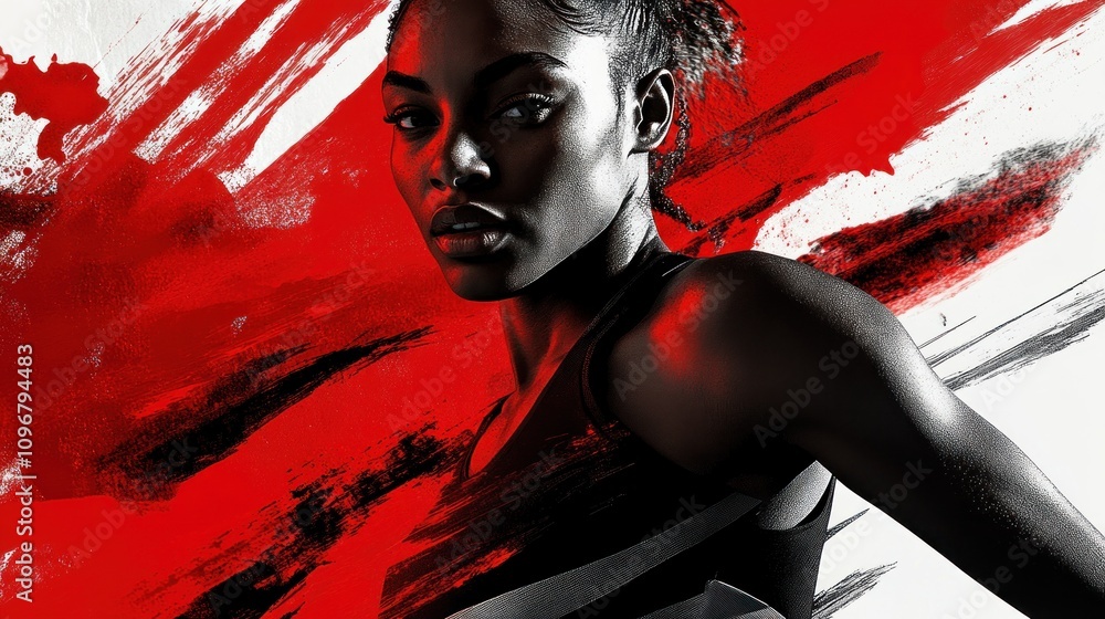 Poster a dynamic portrait of an athlete with a striking red and black background, emphasizing strength.