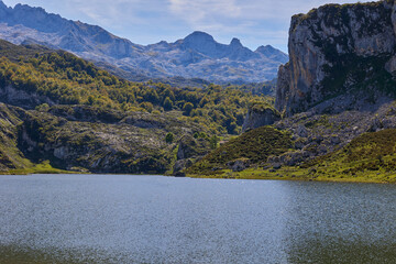 View from the viewpoint of entrelagos in the Lakes of Covadonga. Asturias, Spain.