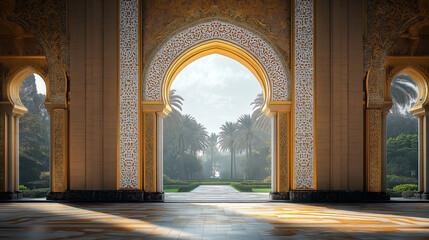 Fototapeta premium islamic arch with sunlight, islamic arch background, generative ai