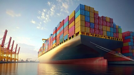 Fototapeta premium Massive Container Ship Docked at Vibrant Port with Colorful Shipping Containers Under Bright Sky and Calm Water, Showcasing Maritime Industry and Trade