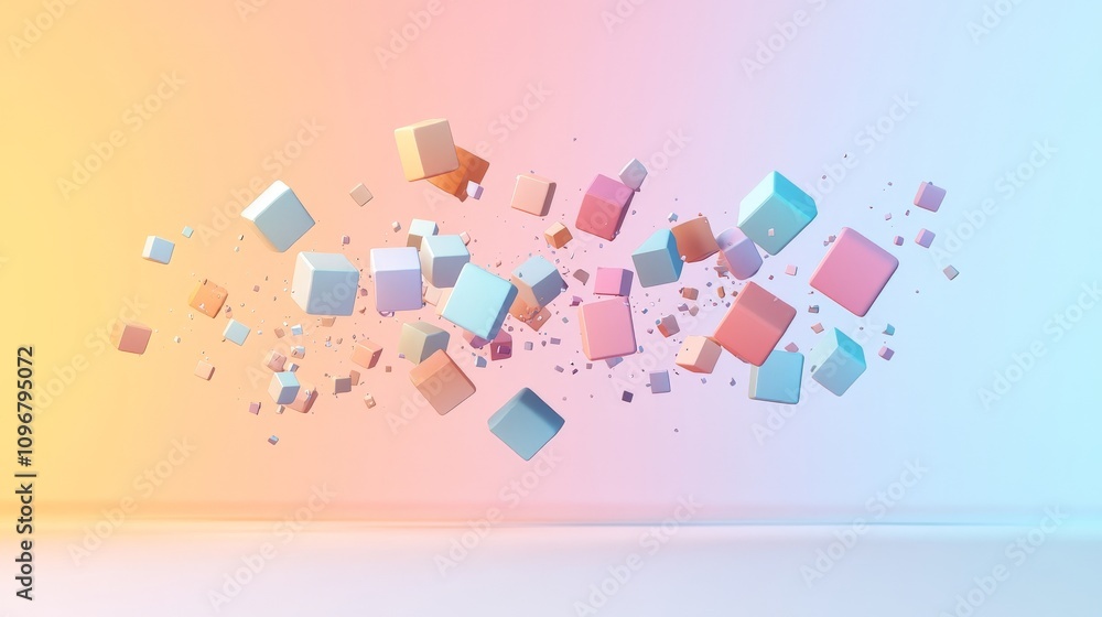 Poster an abstract composition of colorful cubes floating in space with a soft gradient background. ideal f
