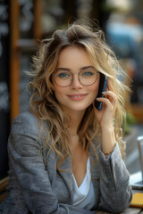 Cheerful young woman with blonde wavy hair and glasses, speaking on the phone while working on a laptop outdoors, bathed in natural sunlight with a relaxed and professional demeanor.
