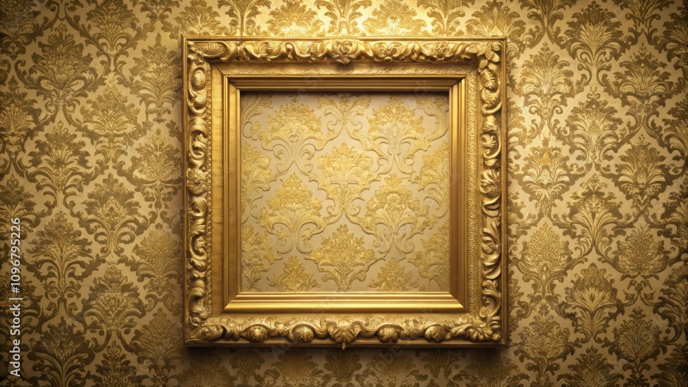 Poster a luxurious gold frame hangs against an intricate, gold-patterned wallpaper, creating a timeless and