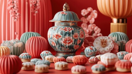 [Chinese New Year Fortune Cookies Decorations] Pastel Hues Vintage Chic: Colorful Candles & Vases in Soft Pink Blue and White Floral Patterns on Red Background