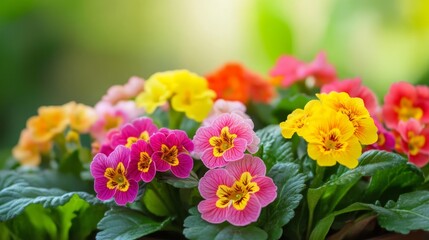 close-up shot of primrose with green environment