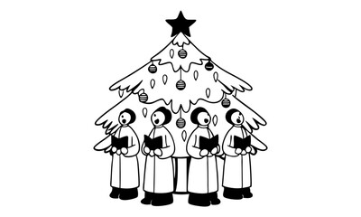 Download A Christmas Choir Singing Under A Tree Outline Vector Art Illustration  . This Design Concept Isolated Premium Vector. 