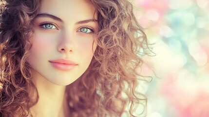 Fototapeta premium Serene Portrait of a Young Woman with Beautiful Curly Hair, Capturing a Calm and Peaceful Expression Against a Softly Blurred Background