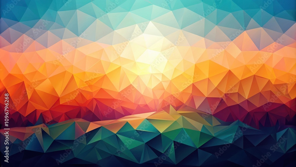 Poster Abstract Geometric Landscape with Vibrant Triangular Patterns and a Glowing Light Source in the Center