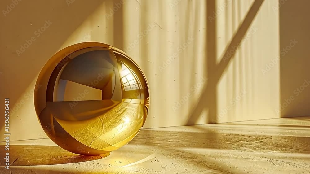 Poster A golden sphere rests on a smooth surface, reflecting light as shadows from window panes create intricate patterns on the wall. The warm ambiance adds depth to the scene.