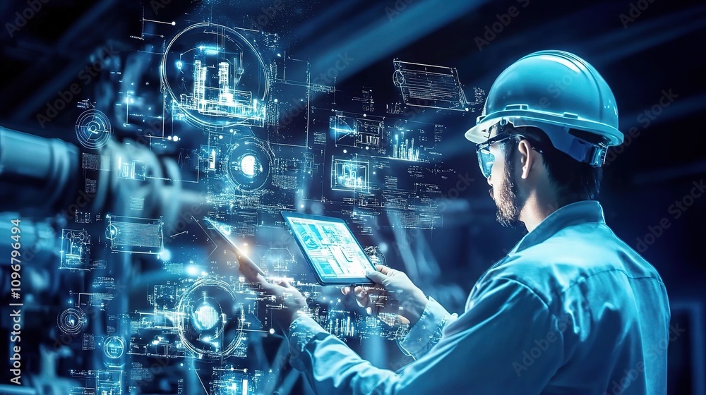 Poster industrial engineers collaborating on heavy-duty projects using advanced technology and digital tool