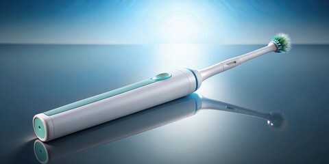 Electric toothbrush with a green and blue brush head on a reflective surface with a soft light background