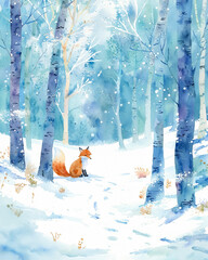 Cute Fox in Woods, picturesque winter scene, wildlife preservation, festive print, nature-inspired theme, soothing atmosphere, New Year and Christmas theme