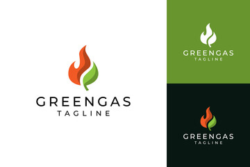 Green gas logo design template, fire and leaf concept