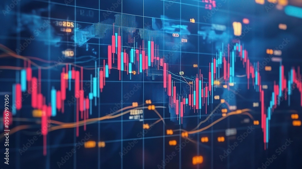 Poster vibrant stock market concept design with digital graphs and charts representing trading data and fin
