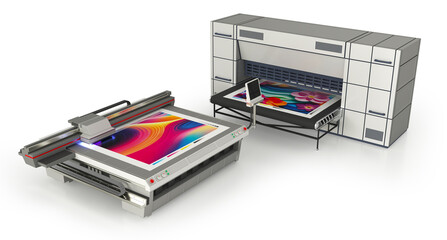 Isometric view of industrial wide format UV plotter and printer. 3d illustration on white background