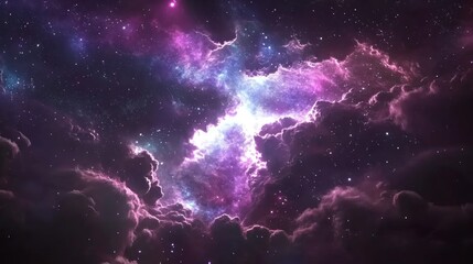 Vibrant nebula with purple, pink, and blue clouds of gas and dust in outer space.
