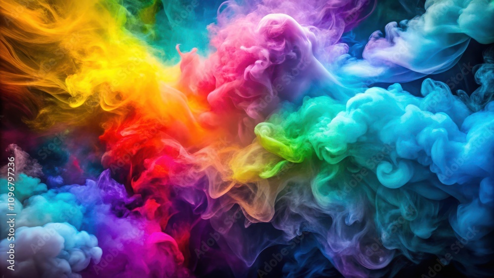 Poster a vibrant and ethereal abstract of colorful smoke swirling and merging, creating a kaleidoscope of h