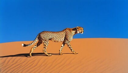 A majestic cheetah, its sleek coat glistening in the sunlight as it gracefully walks across the sand dunes of the desert. 