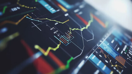 Abstract black background with Colorful charts and graphs with statistics to innovative analyze business potential and forecast future development of companies growth.
