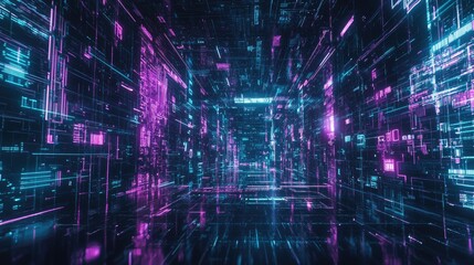 Fototapeta premium futuristic login screen, virtual space, digital grid, glowing lines, neon blue and purple lights, abstract background, loading bar, holographic interface, 