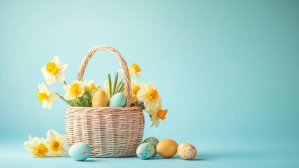 Wicker Basket with Eggs and Daffodils