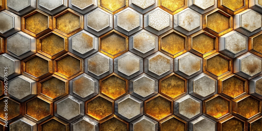 Poster a hexagonal pattern of metallic silver and gold hexagons with a worn and textured finish