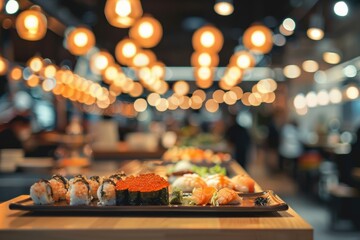 Warm, blurred sushi bar with an elegant counter and inviting decor
