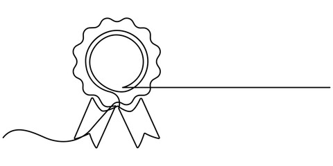 Award badge continuous one line drawing. Isolated on white background vector illustration. Pro vector, Continuous one line shape award isolated vector illustration. Award Ribbon Continuous Line Icon  © line drawing